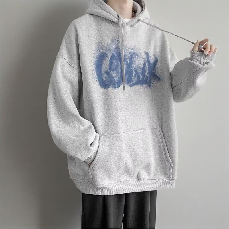 加绒连帽灰色卫衣男春秋冬季2025新款美式痞帅炸街青少年宽松外套