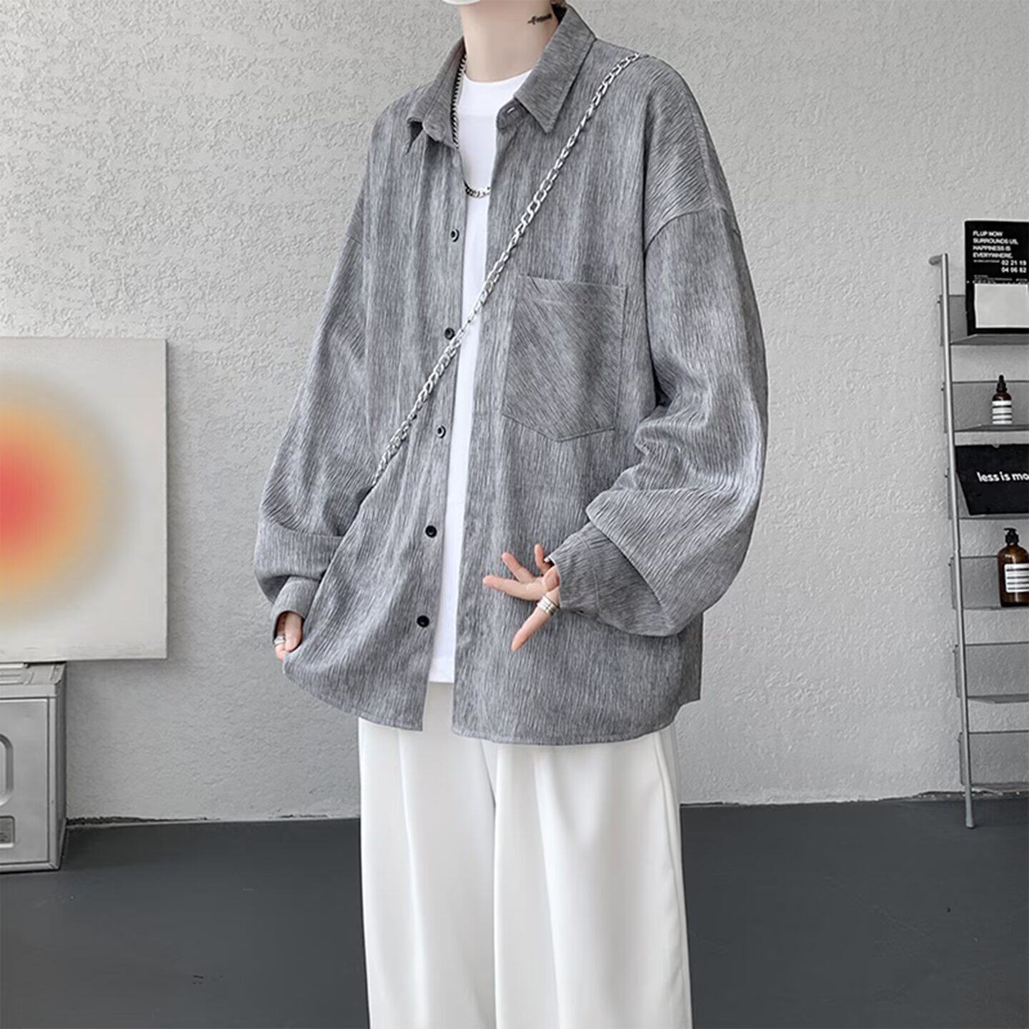 痞帅高级感长袖衬衫男扎染垂感oversize外套休闲日系潮牌宽松衬衣