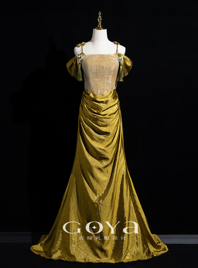 一字肩敬酒服新娘2026新款绿色新中式小众晨袍订婚礼服宴会晚礼服