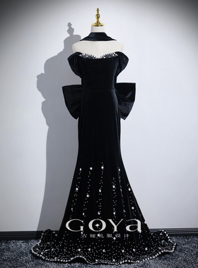 一字肩黑色晚礼服女高级感轻奢丝绒宴会鱼尾裙法式年会主持人礼服