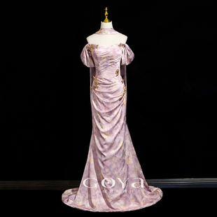 新中式 订婚晚礼服裙鱼尾高级感 晨袍粉色一字肩敬酒服新娘2025新款