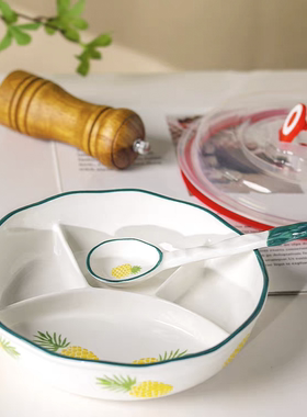 陶瓷餐盘加深饭盘隔盘菜盘学生儿童饭盘带盖带勺子果盘分格盘蒸盘