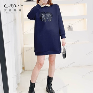 穿搭爆款 新款 秋冬季 小翻领撞色气质百搭卫衣裙宽松显瘦连衣裙时尚