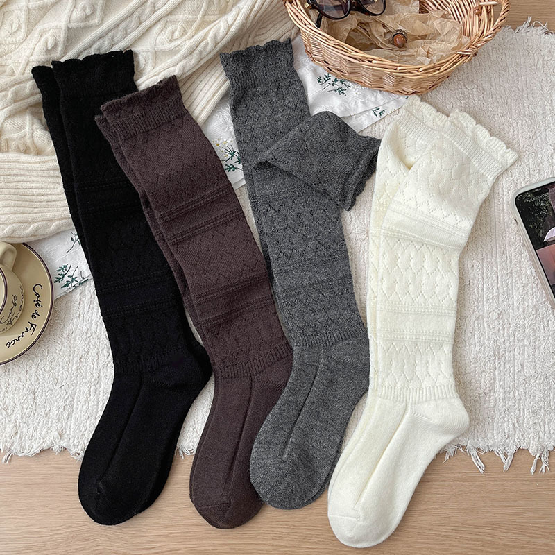 韩系镂空花边羊毛小腿袜子女秋冬季保暖百搭美拉德风配靴子长筒袜