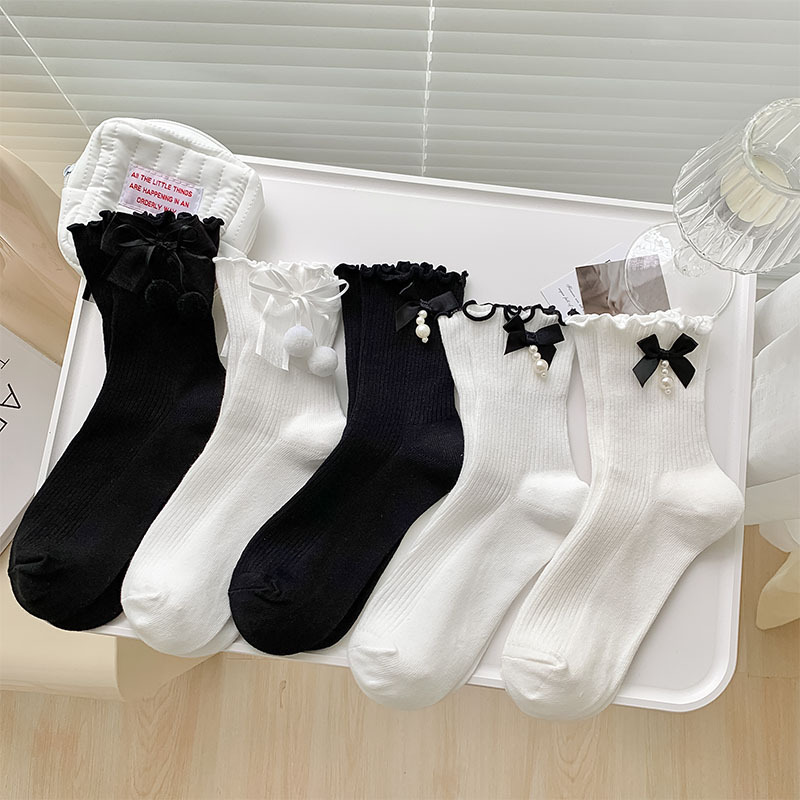 木耳边中筒袜女日系lolita珍珠蝴蝶结袜子春夏百搭甜美jk长袜