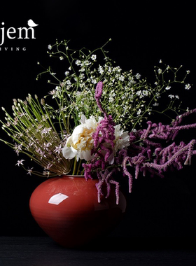 Hjem LIVING·豇豆红大肚陶瓷花瓶 中式家用样板间干花水培插花器