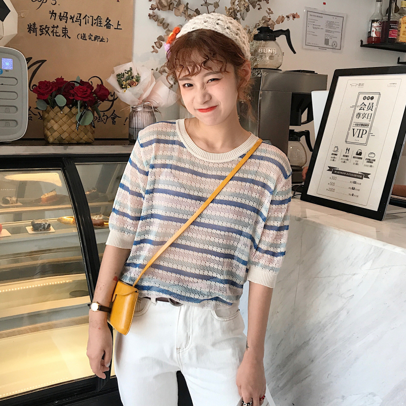 Real price 2021 new ice silk knitted Top Girls' hollow thin knitted shirt short sleeve T-shirt