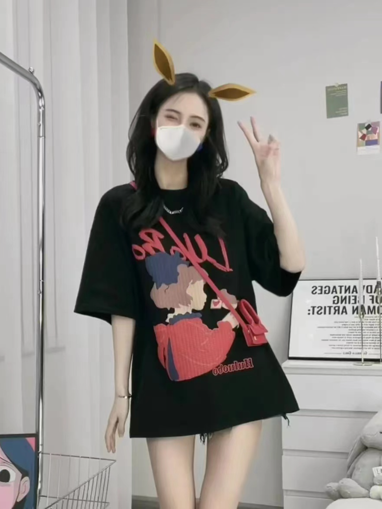 EUROPEAN MID-LENGTH ROUND NECK THREE-DIMENSIONAL FOAM CARTOON PRINT T-SHIRT WOMENS SUMMER OVERSIZE VERSATILE SHORT-SLEEVED TOP