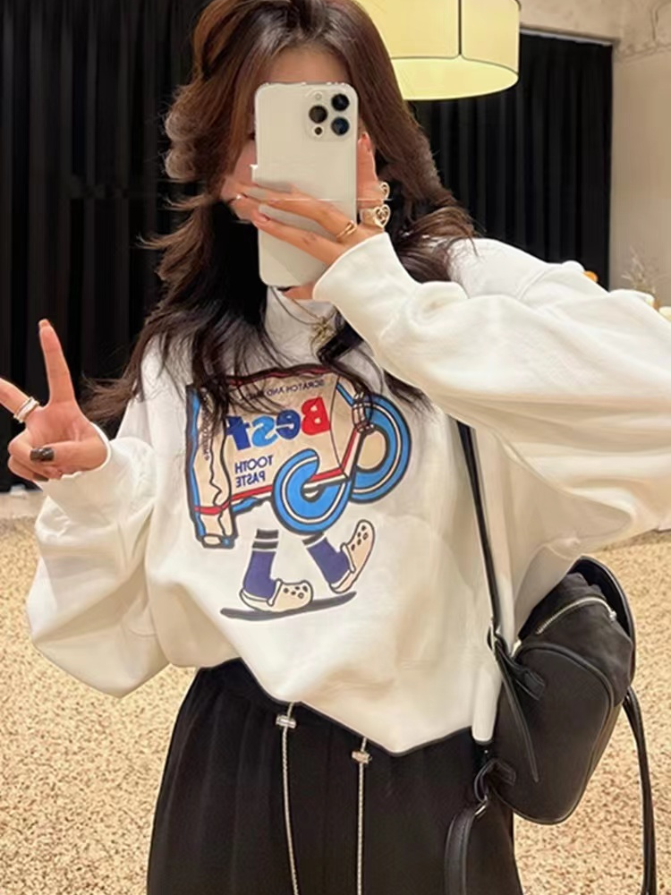 EUROPEAN WHITE SWEATSHIRT WOMENS SHORT ROUND NECK PULLOVER CARTOON LETTER VERSATILE CASUAL HONG KONG STYLE LONG SLEEVE T-SHIRT TOP TIDE