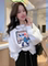 EUROPEAN WHITE SWEATSHIRT WOMENS SHORT ROUND NECK PULLOVER CARTOON LETTER VERSATILE CASUAL HONG KONG STYLE LONG SLEEVE T-SHIRT TOP TIDE