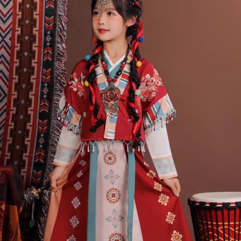 出租汉服女红不啦叽儿童中国风改良唐褙子襦裙连衣裙臧风租赁租借