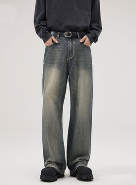 DL brand美式复古重工水洗竹节纹牛仔裤男高级感宽松直筒长裤子