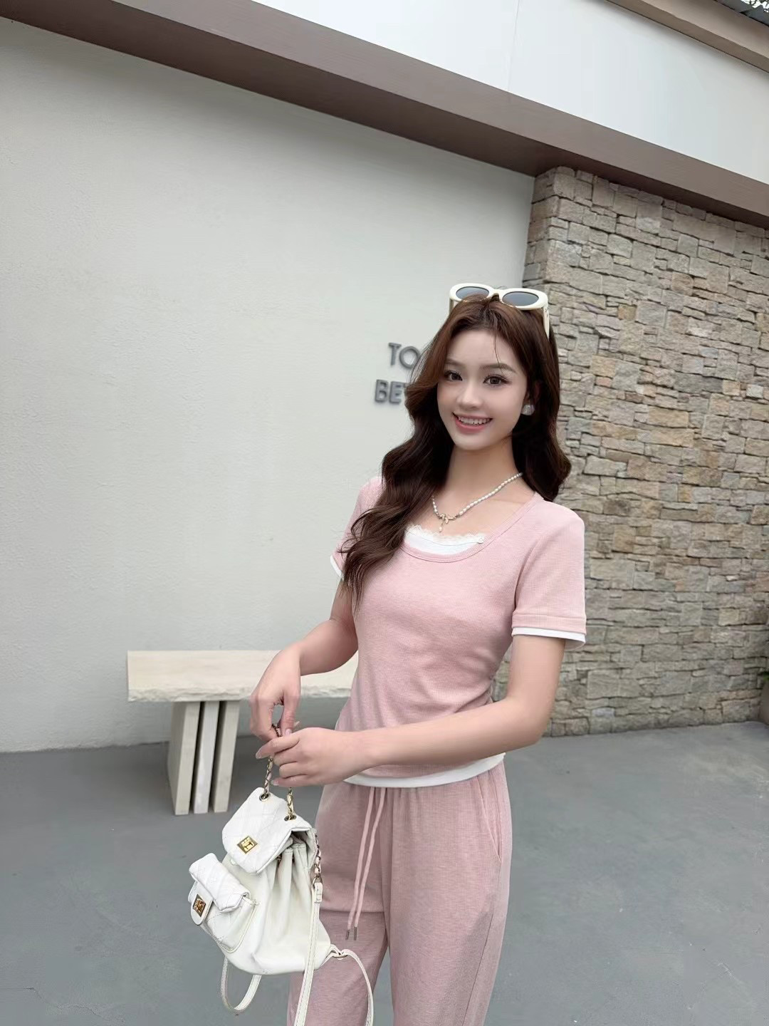 商场同款韩版休闲舒适粉色运动套装假两件修身短袖上衣长裤两件套