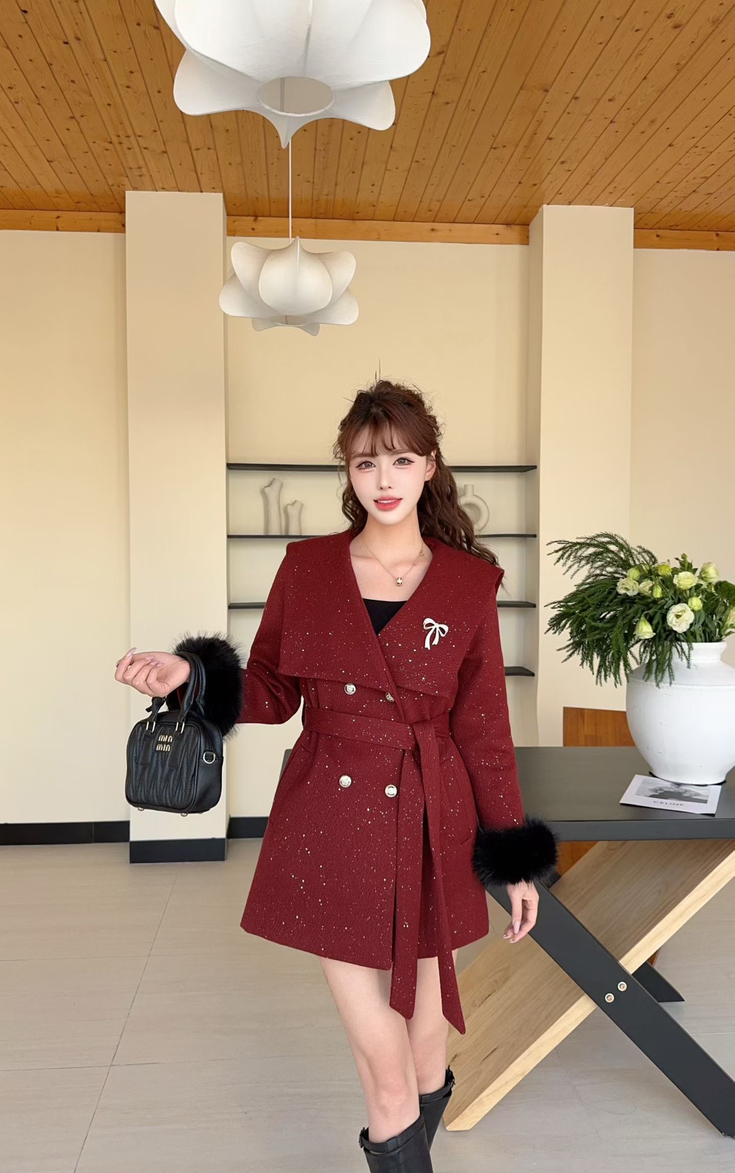 商场同款法式名媛小香风毛毛袖口细闪毛昵外套加棉加厚女大衣冬季
