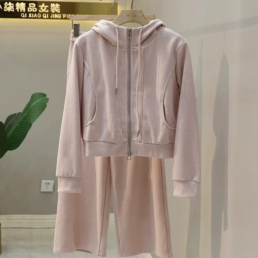 商场同款秋冬新款时尚套装女韩系连帽卫衣外套阔腿裤两件套套装厚