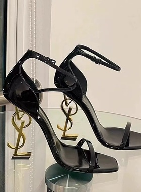 夏季新款一字带2025金属字母黑色高跟凉鞋女士漆皮性感气质鞋子女