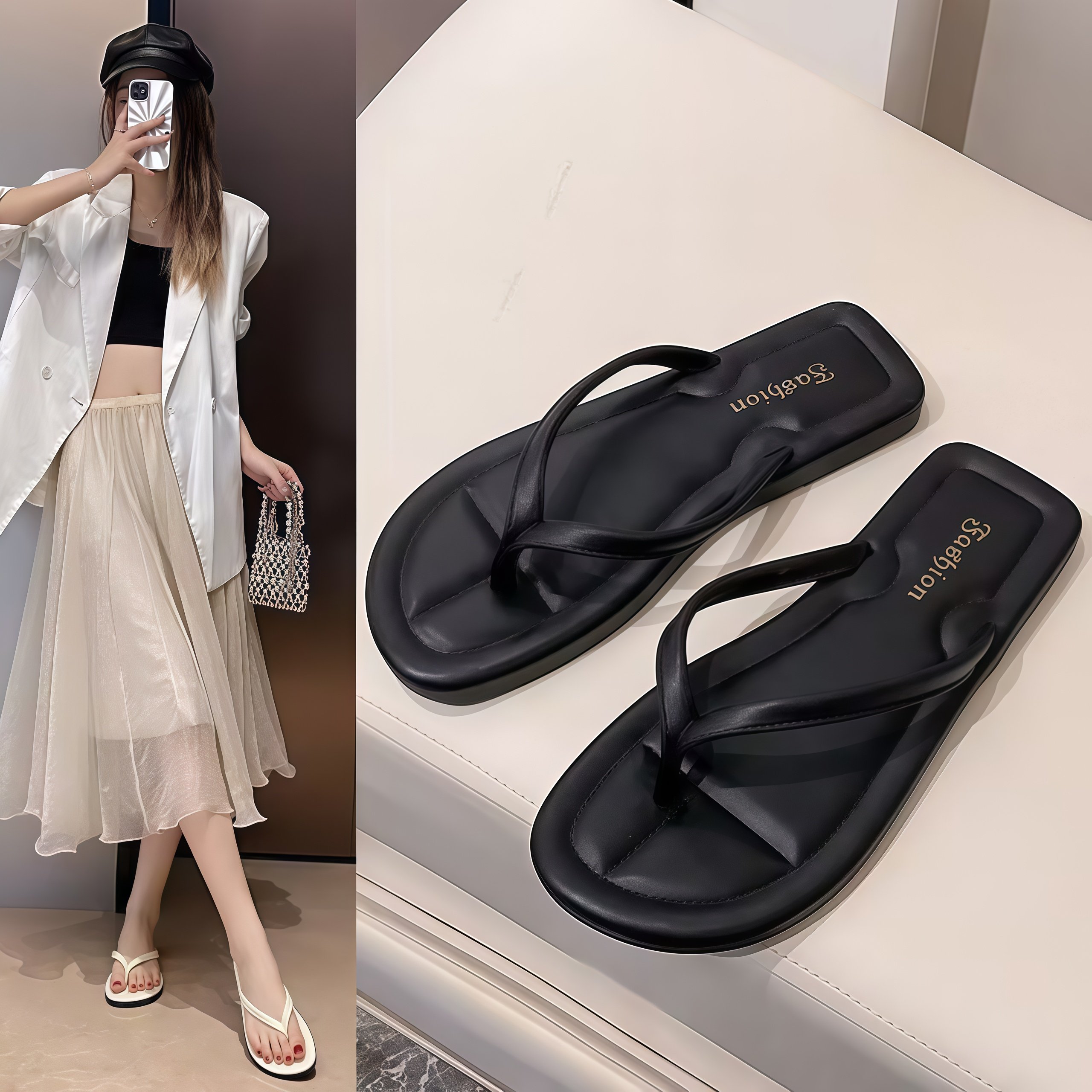 夹脚人字拖凉鞋女新款夏季爆时尚高级感外穿拖鞋黑色百搭平底凉拖