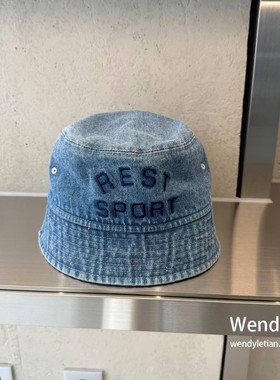 韩国代购rest and recreation 复古水洗字母牛仔丹宁渔夫帽 帽子