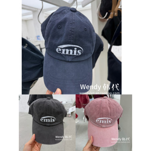 韩国代购小众emis 新款字母印花染料复古哦做旧棒球帽 帽子