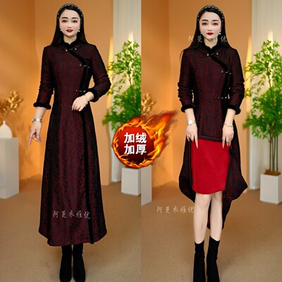 加绒加厚新中式连衣裙