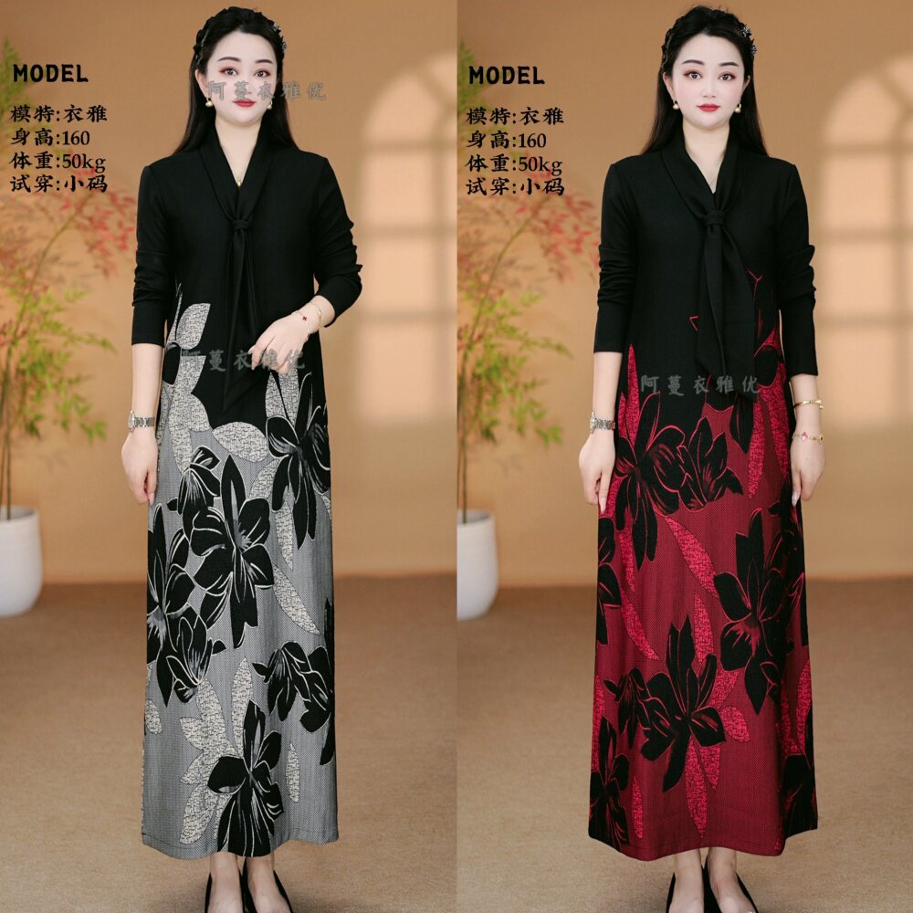 【衣雅优选】8240-4518#新品围巾款加厚定位花宽松大版显瘦连衣裙