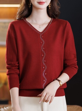 【衣雅优选】8080-2808春秋新款时尚宽松长袖打底遮肉V领镶钻毛衣