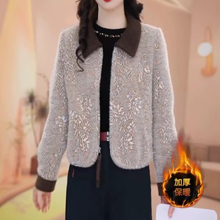 新款 2504 8102 加棉加厚雪花绒保暖显瘦翻领花卉外套 衣雅优选