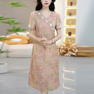 【衣雅优选】8102-2001#新款重磅花罗桑丝提花重工刺绣盘扣连衣裙