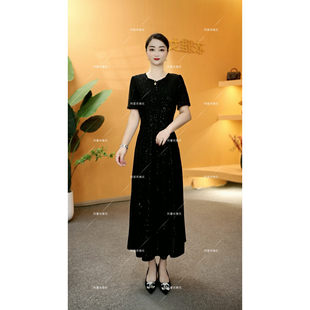 【衣雅优选】8124-2151#夏季新款云锦丝满天星气质显瘦方领连衣裙