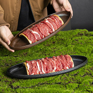 创意山野风餐具酸汤火锅涮肉盘鲜切牛肉盘椭圆形摆肉盘商用山缓缓