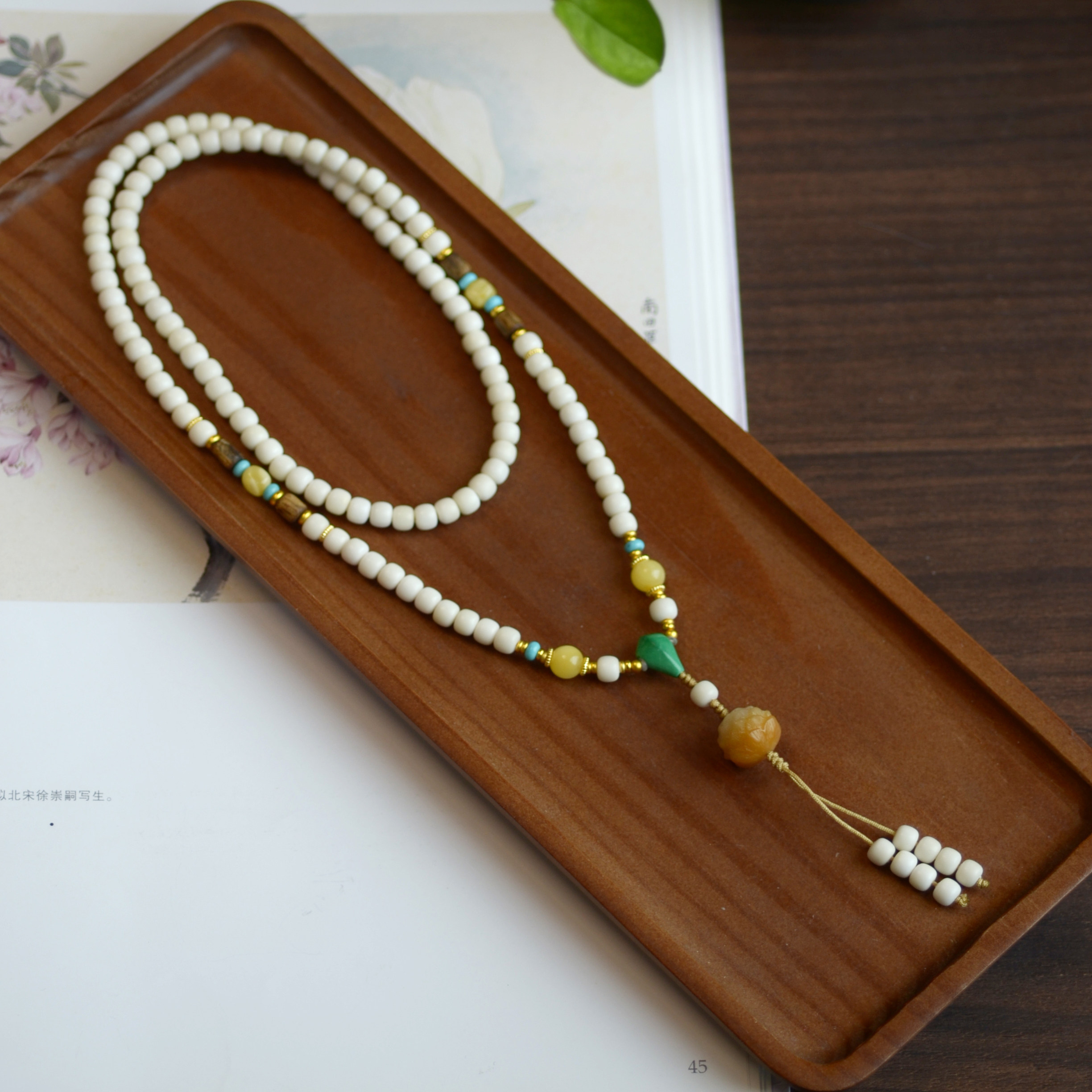 「素念」原创天然白玉菩提沉香蜜蜡108颗毛衣链设计款新中式项链