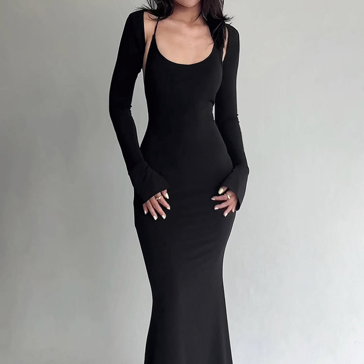 卡戴珊挂脖吊带连衣裙+长袖坎肩