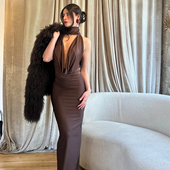 新款 高级感荡领气质修身 连衣裙2026夏季 宴会晚礼服性感露背长裙女