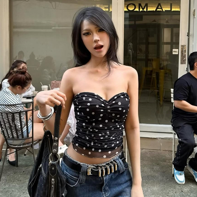 Y2K辣妹波点印花缩褶网纱抹胸