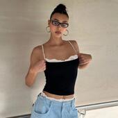 新款 辣妹修身 短款 纯欲风蕾丝拼接抹胸吊带背心2026夏季 露脐T恤 女