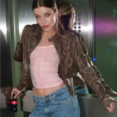 美式 辣妹百搭立领PU皮衣 新款 复古做旧咖啡色短款 夹克外套2026春季
