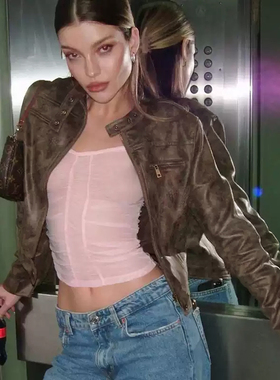 美式复古做旧咖啡色短款夹克外套2026春季新款辣妹百搭立领PU皮衣