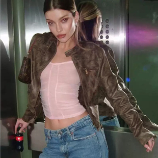 新款 夹克外套2024春季 辣妹百搭立领PU皮衣 复古做旧咖啡色短款 美式