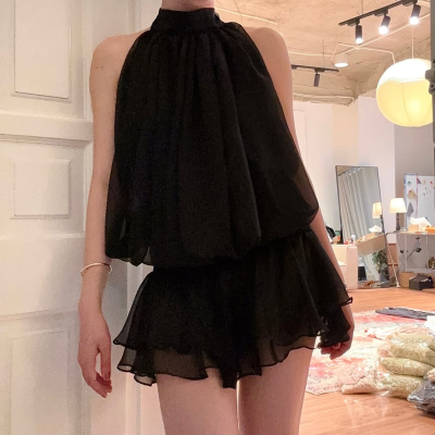 黑色气质荷叶边雪纺无袖连衣裙