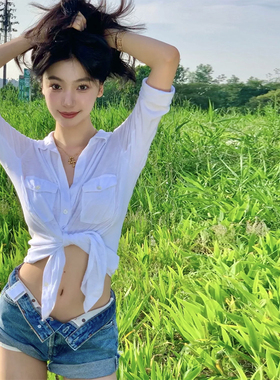 易梦玲同款纯欲风POLO领白色衬衫上衣2024春夏新款辣妹露脐T恤 潮