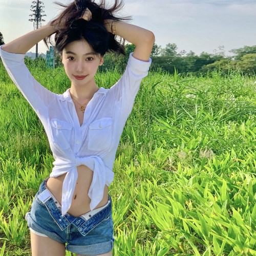 衬衫辣妹风短袖收腰露脐