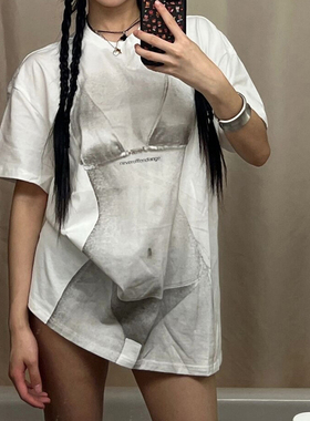 NOLA透视效果3D印花白色T恤2024夏季新款oversize下半身失踪上衣