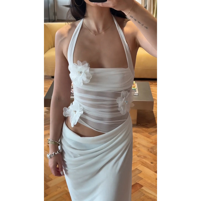 纯欲风挂脖抹胸网纱透视拼接包臀褶皱长裙2026夏季新款度假连衣裙