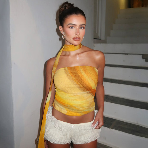 度假风黄色晕染网纱抹胸飘带上衣