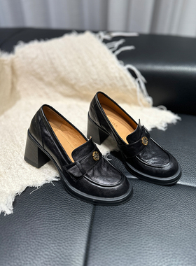 YUSI~软到爆ins复古山茶花乐福鞋女春羊皮中粗高跟单鞋复古小皮鞋