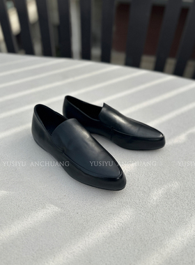 YUSI头层水洗牛皮内增高一脚蹬乐福鞋女英伦风平底真皮深口单鞋女