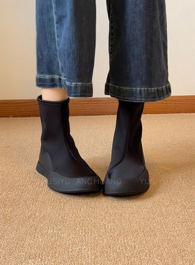 YUSI~显瘦小~新款春秋时尚短靴黑色弹力瘦瘦靴超软及踝靴长靴袜靴