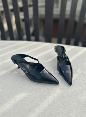 YUSI法式真皮尖头交叉带性感镂空包头半拖鞋女猫跟一脚蹬穆勒凉拖