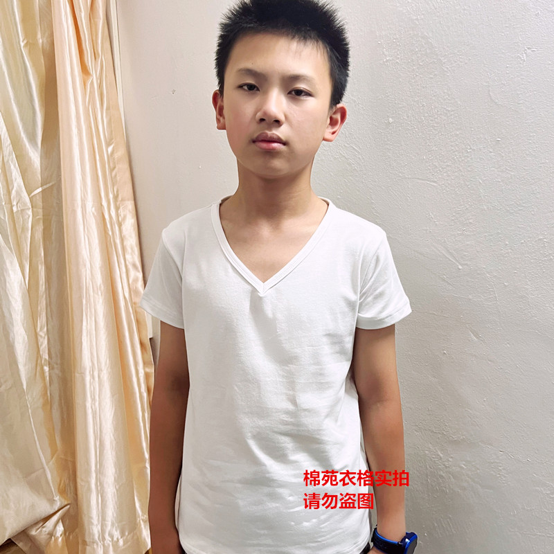 儿童短袖T恤男童纯白色上衣女童V领纯棉打底衫夏季中大童半袖体恤