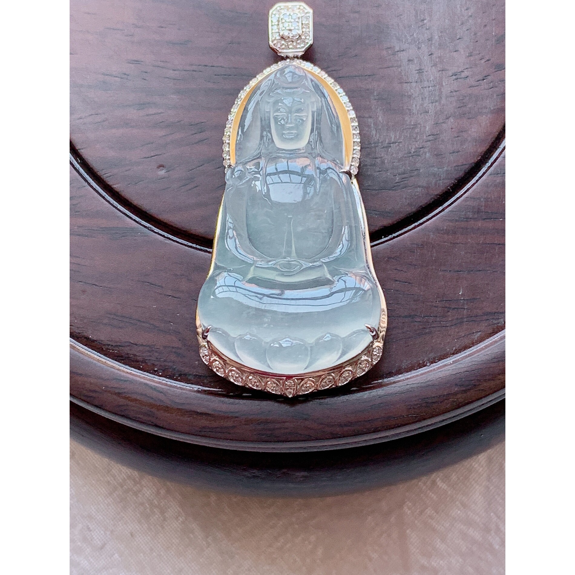 天然缅甸老坑翡翠a货18k金冰种白冰素衣观音翡翠吊坠玉挂件